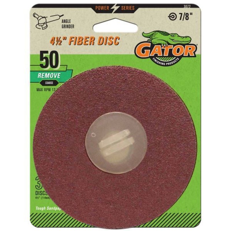 Gator 3072 Fiber Disc, 4-1/2 in Dia, 50 Grit, Coarse, Aluminum Oxide Abrasive, Fiber Backing, 3/PK