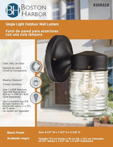 Boston Harbor W15BK01-33883L Outdoor Lantern, 120 V, 60 W, CFL Lamp, Steel Fixture, Black, Black Fixture