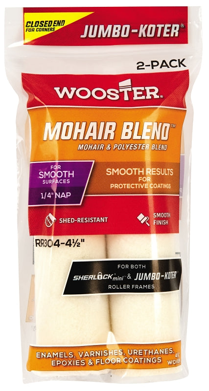 Wooster Mohair Blend RR304-4 1/2 Roller Cover, 1/4 in Thick Nap, 4-1/2 in L, Mohair Fabric Cover, White