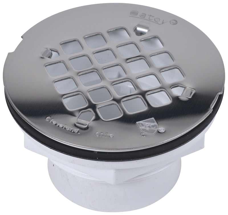 Oatey 42097 Shower Drain, PVC, White, Specifications: Snap-In Cover Design, Solvent Weld Connection, Round Shape