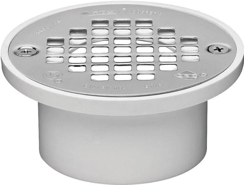 Oatey 43579 Floor Drain, 3 x 2 in, White, 4.3 in OD, Solvent Weld, PVC Body