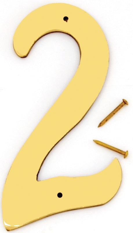 Hy-Ko BR-40/2 House Number, 3 in W x 6-3/4 in H Dimensions, Character: 2, 4 in H Character, 2-1/2 in W Character, Brass