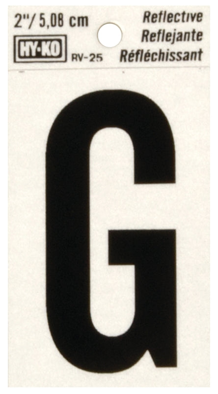Hy-Ko RV-25/G Reflective Letter, 1-1/2 in W x 3 in H Dimensions, Character: G, 2 in H Character, Black Character, Vinyl, Pack of 10