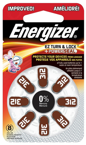 Energizer 312 Series AZ312DP-8 Non-Rechargeable Hearing Aid Battery, 1.4 V Battery, 155 mAh, Zinc-Air