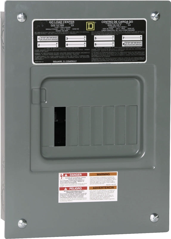 Square D QO QO612L100FCP Load Center, 100 A, 6-Space, 12-Circuit, Main Lug, NEMA 1 Enclosure, Plug, Gray
