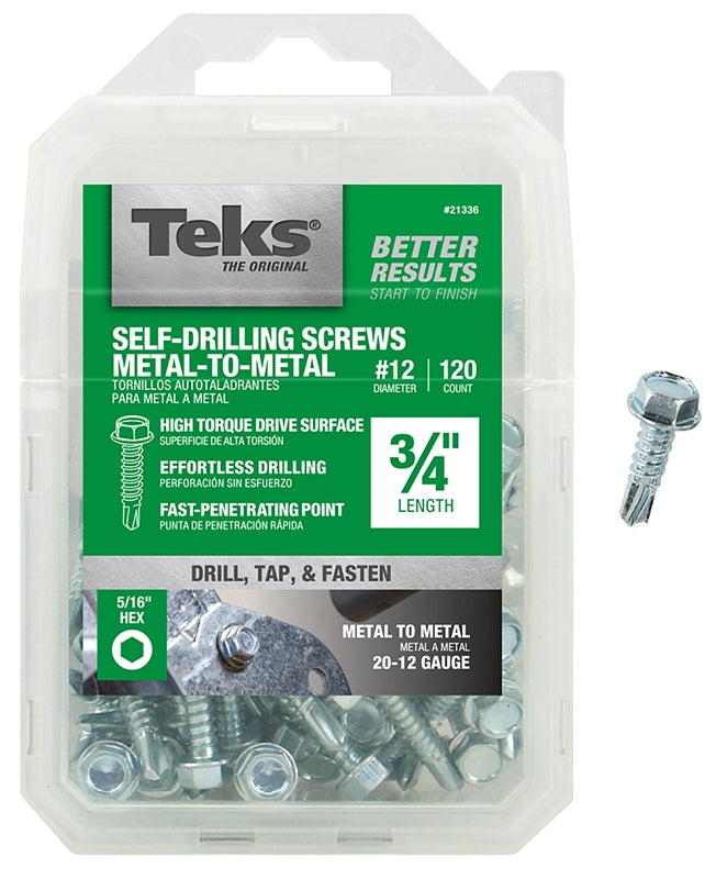 Teks 21336 Screw, #12 Thread, 3/4 in L, Coarse Thread, Hex Drive, Self-Drilling, Self-Tapping Point, Steel, Zinc, 120 PK