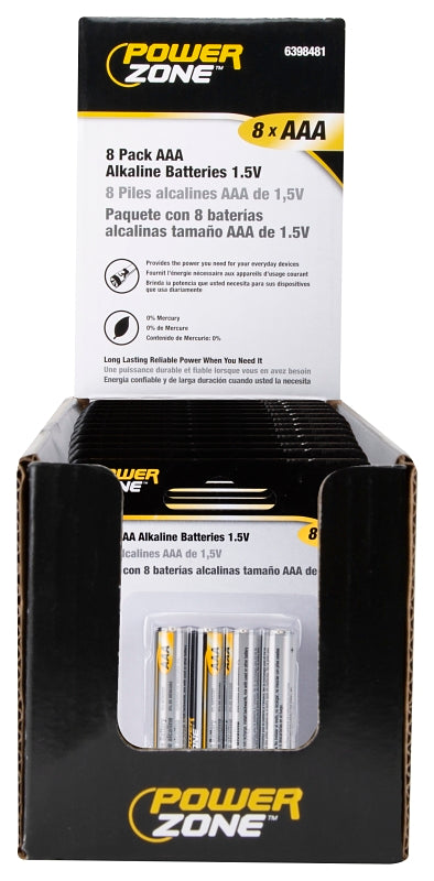 PowerZone LR03-8P-DB Battery, 1.5 V Battery, AAA Battery, Zinc, Manganese Dioxide, and Potassium Hydroxide, Pack of 12