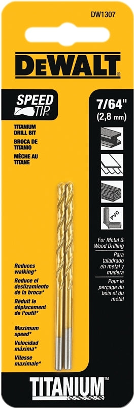 DEWALT DW1307 Jobber Drill Bit, 7/64 in Dia, 2-5/8 in OAL, Parabolic Flute, 7/64 in Dia Shank, Straight Shank