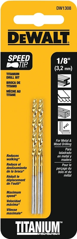 DEWALT DW1308 Jobber Drill Bit, 1/8 in Dia, 2-3/4 in OAL, Parabolic Flute, 1/8 in Dia Shank, Straight Shank