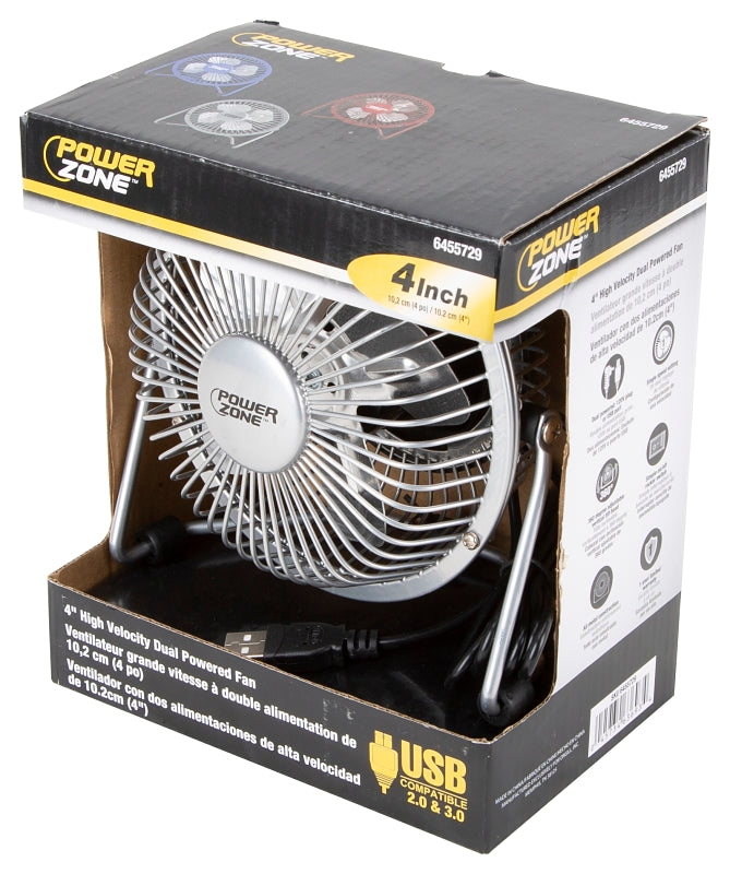 PowerZone FE-20 Personal Fan, 120 VAC, 4 in Dia Blade, 4 -Blade, 1 -Speed, 360 deg Rotating, Blue/Red/Silver