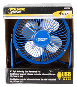 PowerZone FE-20 Personal Fan, 120 VAC, 4 in Dia Blade, 4 -Blade, 1 -Speed, 360 deg Rotating, Blue/Red/Silver