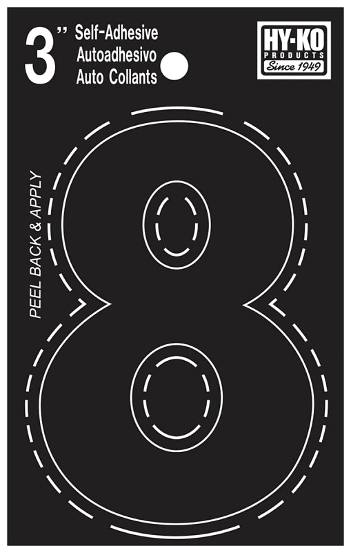 Hy-Ko 30400 Series 30408 Self-Stick Die-Cut Number, Character: 8, 3 in H Character, Black Character, Vinyl, Pack of 10