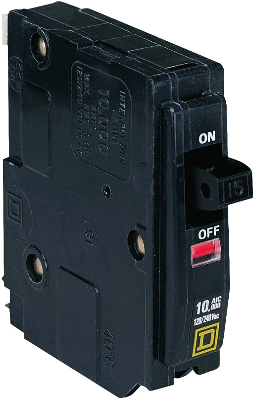 Square D QO QO115CP Circuit Breaker, Mini, 15 A, 1 -Pole, 120/240 VAC, 48 VDC, Fixed Trip, Flush Mounting
