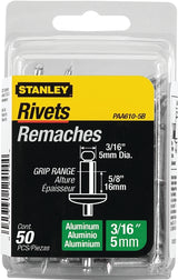 STANLEY PAA610-5B Pop Rivet, Reusable, 5/8 in Grip, 3/16, Aluminum, 50/PK