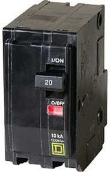 Square D QO QO220C Circuit Breaker, Mini, 20 A, 2-Pole, 120/240 VAC, 48 VDC, Black, Plug