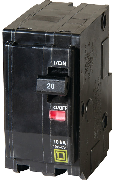 Square D QO QO220C Circuit Breaker, Mini, 20 A, 2-Pole, 120/240 VAC, 48 VDC, Black, Plug