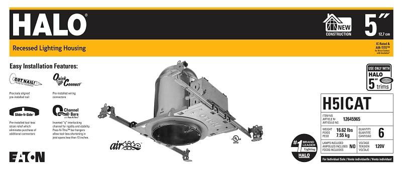 Halo H5ICAT Light Housing, 5 in Dia Recessed Can, Aluminum
