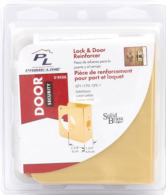 Prime-Line U 9556 Lock and Door Reinforcer, 2-3/8 in Backset, 1-3/4 in Thick Door, Brass, Bright Brass, 4-1/2 in H