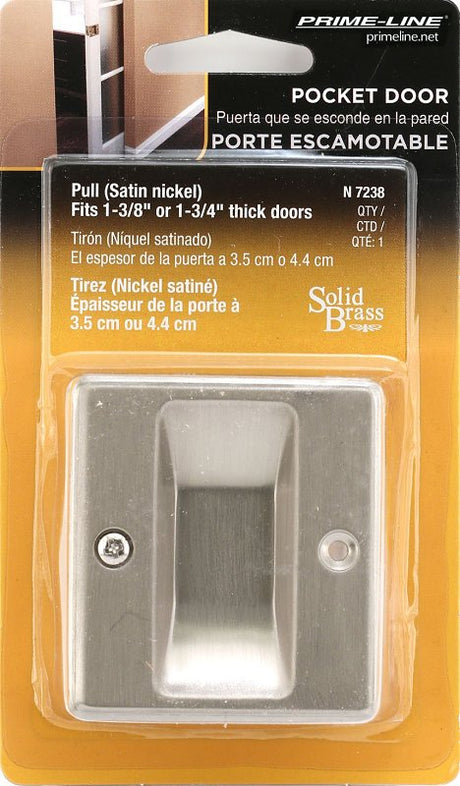 Prime-Line N 7238 Pocket Door Pull, 1-3/8 in W, 2-1/2 in D, 2-3/4 in H, Brass, Satin Nickel