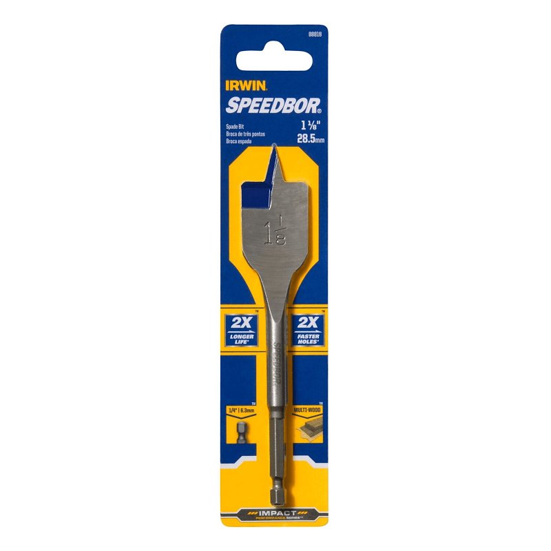 Irwin SPEEDBOR 88818 Spade Drill Bit, 1-1/8 in Dia, 6 in OAL, Standard Length, Flat Flute, 1/4 in Dia Shank, Hex Shank