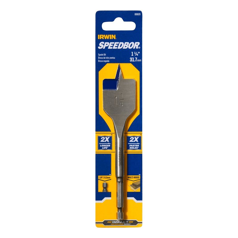 Irwin SPEEDBOR 88820 Spade Drill Bit, 1-1/4 in Dia, 6 in OAL, Standard Length, Flat Flute, 1/4 in Dia Shank, Hex Shank