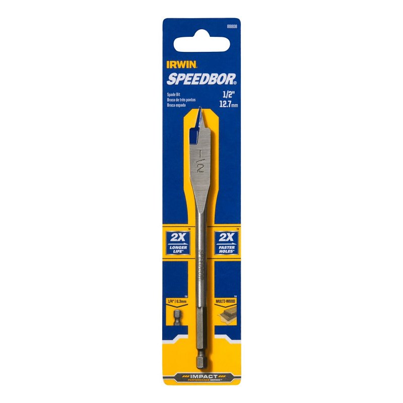 Irwin SPEEDBOR 88808 Spade Drill Bit, 1/2 in Dia, 6 in OAL, Standard Length, Flat Flute, 1/4 in Dia Shank, Hex Shank