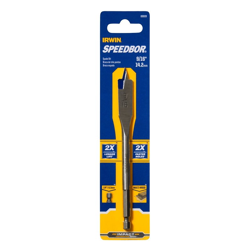 Irwin SPEEDBOR 88809 Spade Drill Bit, 9/16 in Dia, 6 in OAL, Standard Length, Flat Flute, 1/4 in Dia Shank, Hex Shank