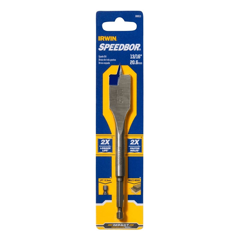 Irwin SPEEDBOR 88813 Spade Drill Bit, 13/16 in Dia, 6 in OAL, Standard Length, Flat Flute, 1/4 in Dia Shank, Hex Shank