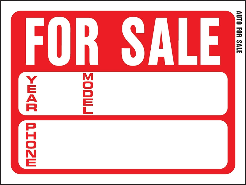 Hy-Ko 20605 Sign, For Sale (Auto), White Legend, Plastic, 12 in W x 8-1/2 in H Dimensions, Pack of 10