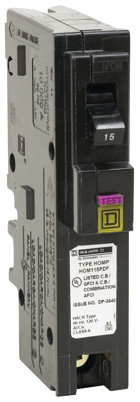 Square D HOM115PDFC Circuit Breaker, Dual Function, Mini, 15 A, 1-Pole, 120 V, Plug