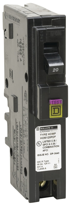 Square D HOM120PDFC Circuit Breaker, Dual Function, Mini, 20 A, 1-Pole, 120 V, Plug