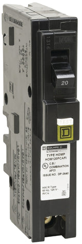 Square D HOM120PCAFIC Circuit Breaker, CAFCI, Mini, 20 A, 1-Pole, 120 V, Plug