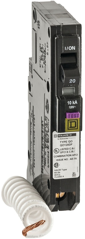 Square D QO120DFC Circuit Breaker, CAFCI, Mini, 20 A, 1-Pole, Plug, 120 V