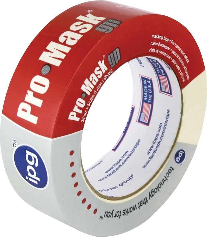 IPG 5102-1.5 Masking Tape, 60 yd L, 1-1/2 in W, 5 mil Thick, Crepe Paper/Synthetic Rubber Backing, Beige