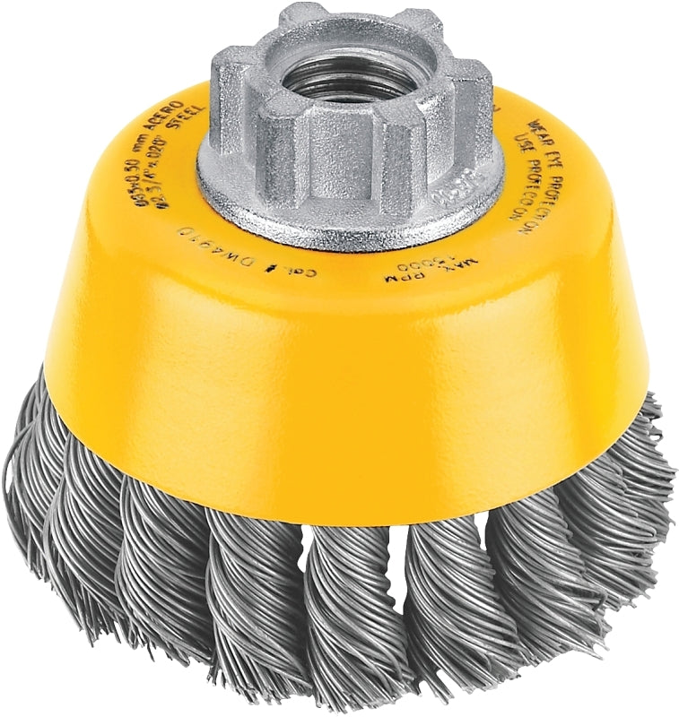 DEWALT DW4910 Wire Cup Brush, 3 in Dia, 5/8-11 Arbor/Shank, 0.02 in Dia Bristle, 7/8 in L Bristle Trim