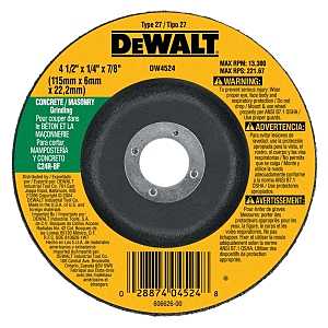 DEWALT DW4524 Grinding Wheel, Applicable Materials: Masonry, 4-1/2 in Dia, 1/4 in Thick, 7/8 in Arbor, 24 Grit