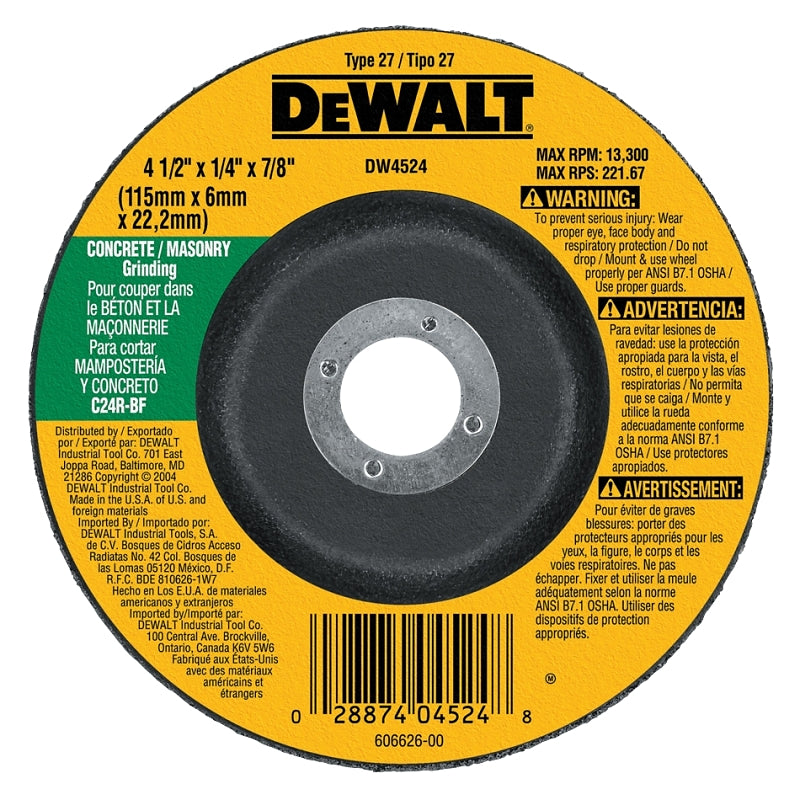 DEWALT DW4524 Grinding Wheel, 4-1/2 in Dia, 1/4 in Thick, 7/8 in Arbor, 24 Grit, Very Coarse, Silicone Carbide Abrasive