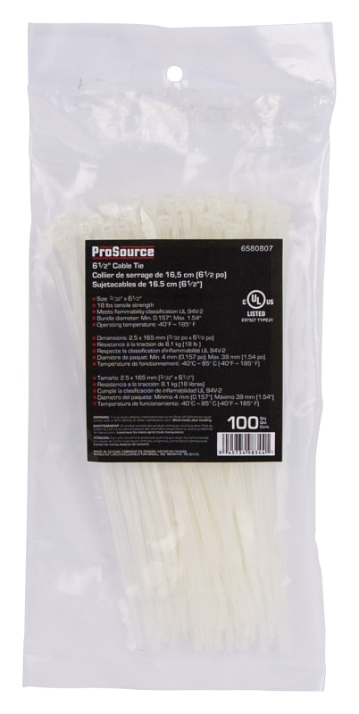 ProSource CV165-1003L Cable Tie, 6-1/2 inches, 18lb Tensile Strength, Self-Lock Locking, Nylon, Clear