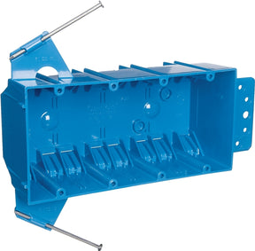 Carlon B455A-UPC Outlet Box, 4-Gang, PVC, Blue, Bracket