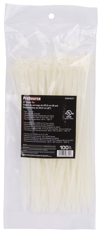 ProSource CV200S-1003L Cable Tie, 8 inches, 40lb Tensile Strength, Self-Lock Locking, Nylon, Clear