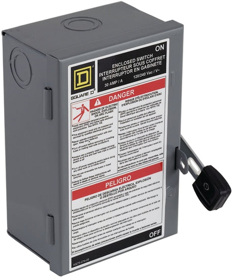Square D L211N Safety Switch, 2-Pole, 30 A, 240 V, Lug Terminal, DPST
