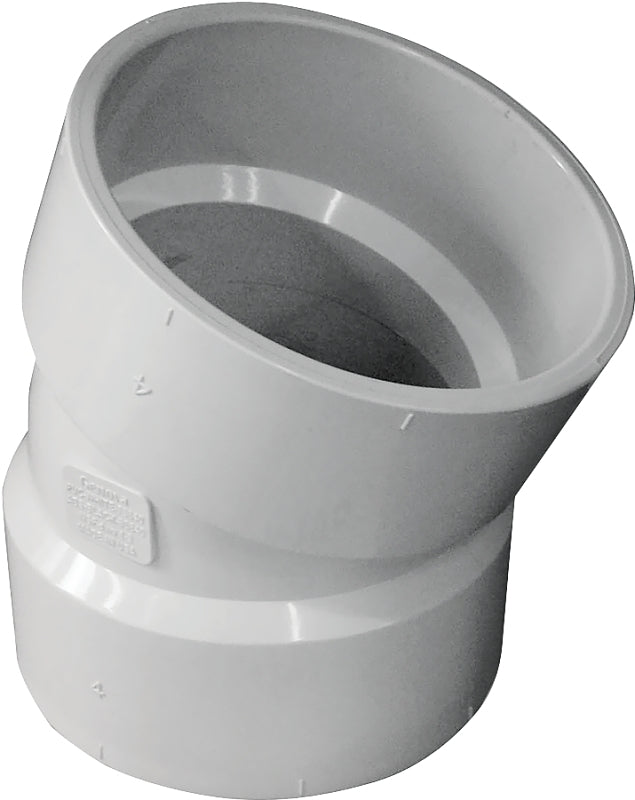 Canplas 192554 Pipe Elbow, 4 in, Hub, 22.5 deg Angle, PVC, White, SCH40