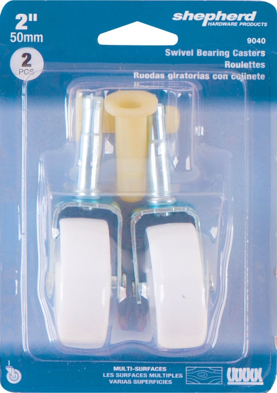 Shepherd Hardware 9040 Swivel Caster, Stem Mounting, 4.56 in W x 2.19 in D x 6.56 in H Dimensions, 2 in Dia Wheel, White, Pack of 6