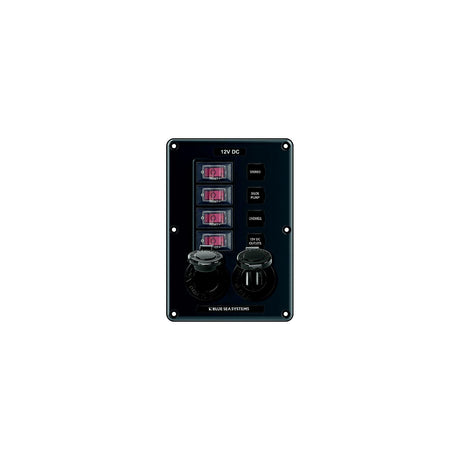 Blue Sea 4321 Water-Resistant Circuit Breaker Switch Panel, 4 Position w/12V Socket &amp; Dual USB Charger