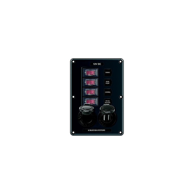 Blue Sea 4321 Water-Resistant Circuit Breaker Switch Panel, 4 Position w/12V Socket &amp; Dual USB Charger