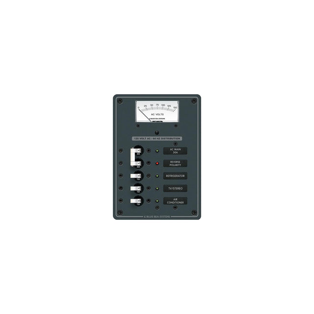 Blue Sea Systems 8043 Traditional Metal Circuit Breaker Panel - AC Main + 3 Positions, AC Voltmeter