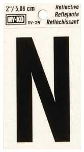 Hy-Ko RV-25/N Reflective Letter, 1-1/2 in W x 3 in H Dimensions, Character: N, 2 in H Character, Black Character, Vinyl, Pack of 10