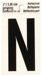Hy-Ko RV-25/N Reflective Letter, 1-1/2 in W x 3 in H Dimensions, Character: N, 2 in H Character, Black Character, Vinyl, Pack of 10