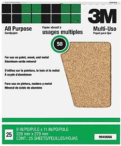 3M 99406 Sandpaper Sheet, 11 in L, 9 in W, Coarse, 50 Grit, Aluminum Oxide Abrasive, Paper Backing