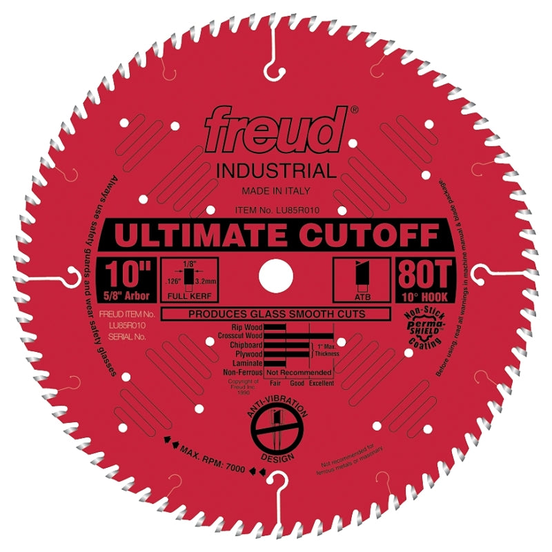 Freud LU85R010 Circular Saw Blade, 10 in Dia, 5/8 in Arbor, 80-Teeth, Carbide Cutting Edge, 7000 rpm